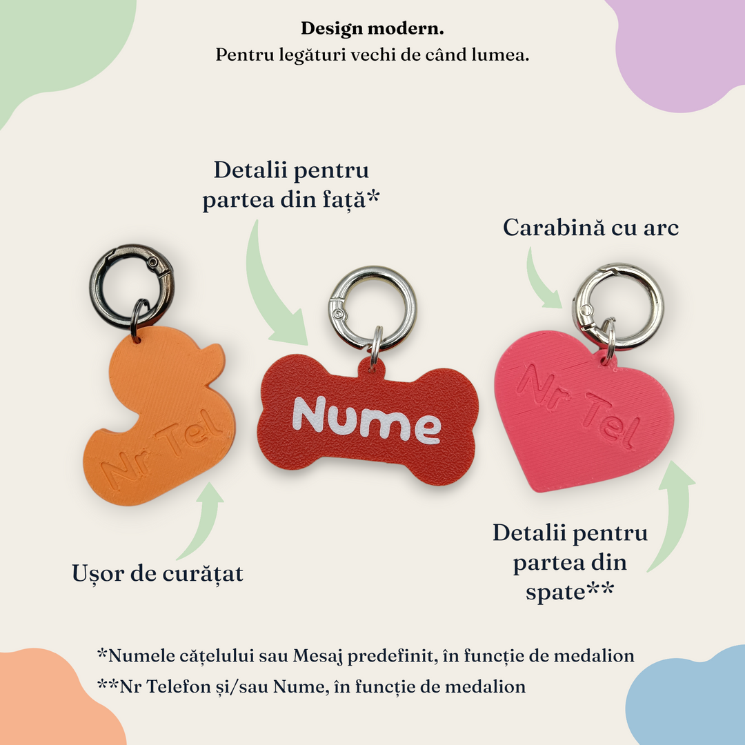 Medalioane personalizate pentru caini cu forme de ratusca, os si inimioara si culori diferite, cu numele integrat in material. Printate 3D din PLA premiun, in Romania, de catre Ubba.