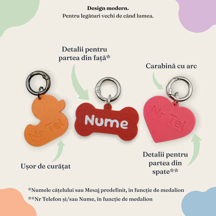 Medalioane personalizate pentru caini cu forme de ratusca, os si inimioara si culori diferite, cu numele integrat in material. Printate 3D din PLA premiun, in Romania, de catre Ubba.