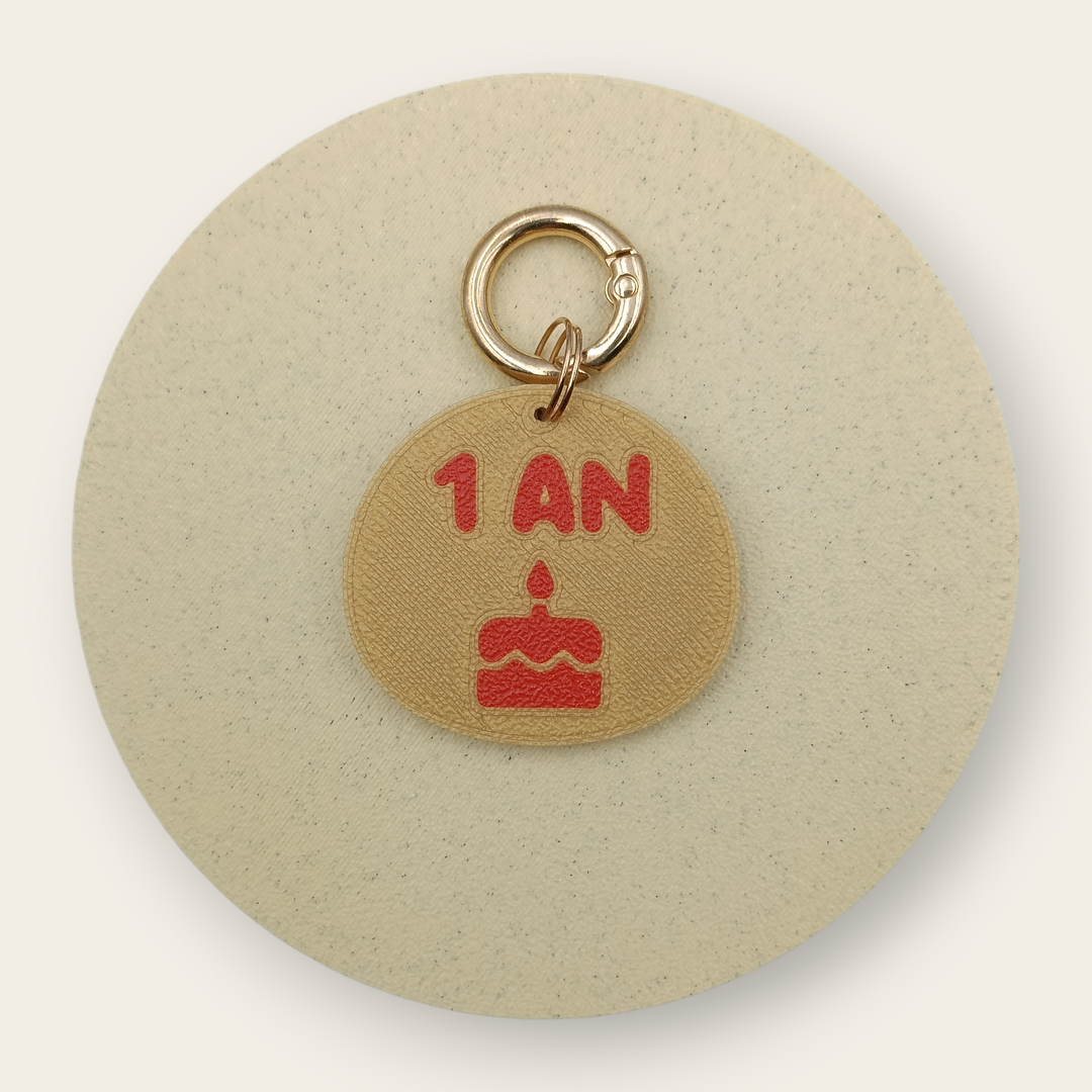 Medalion aniversar pentru câini 1 An, auriu cu roșu, printat 3D din PLA - Ubba.