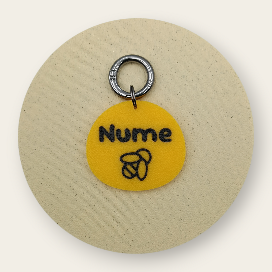 Medalion personalizat pentru câini, simbol albină, galben cu negru, printat 3D din PLA - Ubba.