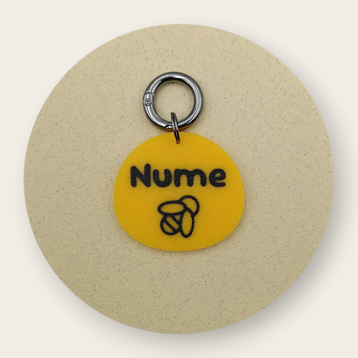 Medalion personalizat pentru câini, simbol albină, galben cu negru, printat 3D din PLA - Ubba.