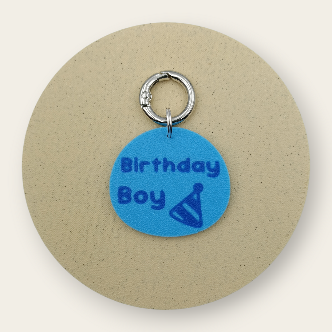 Medalion aniversar pentru câini Birthday Boy, albastru cu bleu, printat 3D din PLA - Ubba.