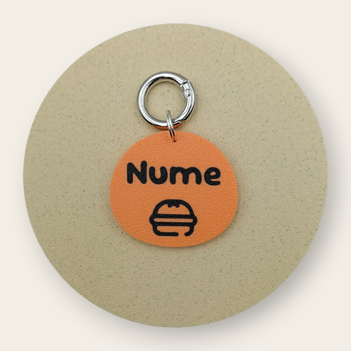 Medalion personalizat pentru câini, simbol burger, portocaliu cu negru, printat 3D din PLA - Ubba.