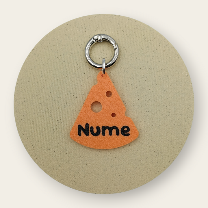 Medalion personalizat pentru câini, felie de cașcaval, portocaliu cu negru, printat 3D din PLA - Ubba.