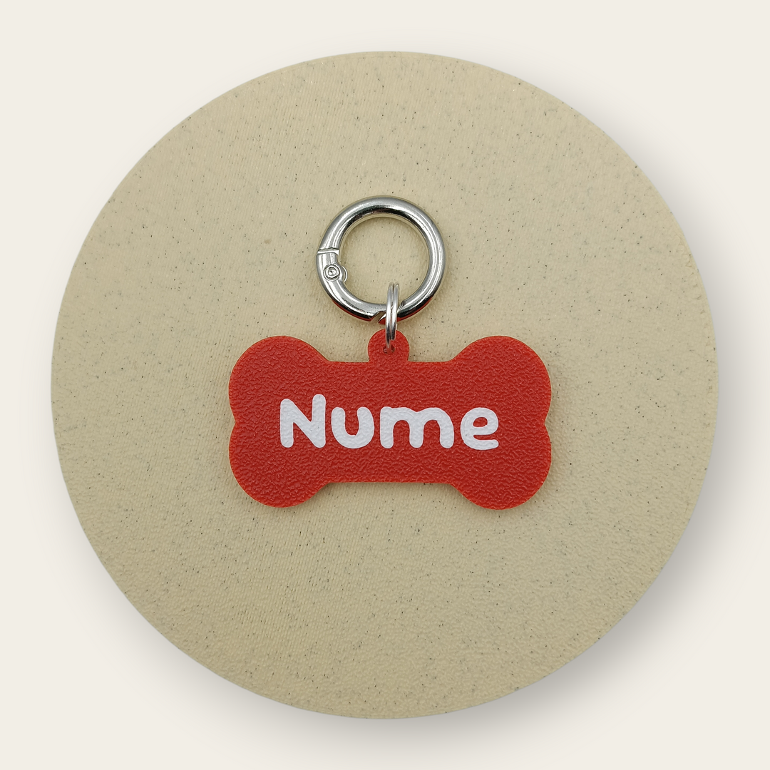 Medalion personalizat pentru câini, formă de os, rosu glitter, printat 3D din PLA - Ubba.