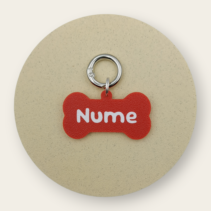 Medalion personalizat pentru câini, formă de os, rosu glitter, printat 3D din PLA - Ubba.