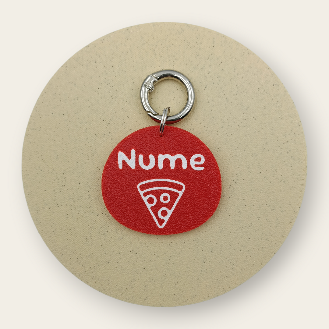 Medalion personalizat pentru câini, felie de pizza roșie cu alb, printat 3D din PLA - Ubba.