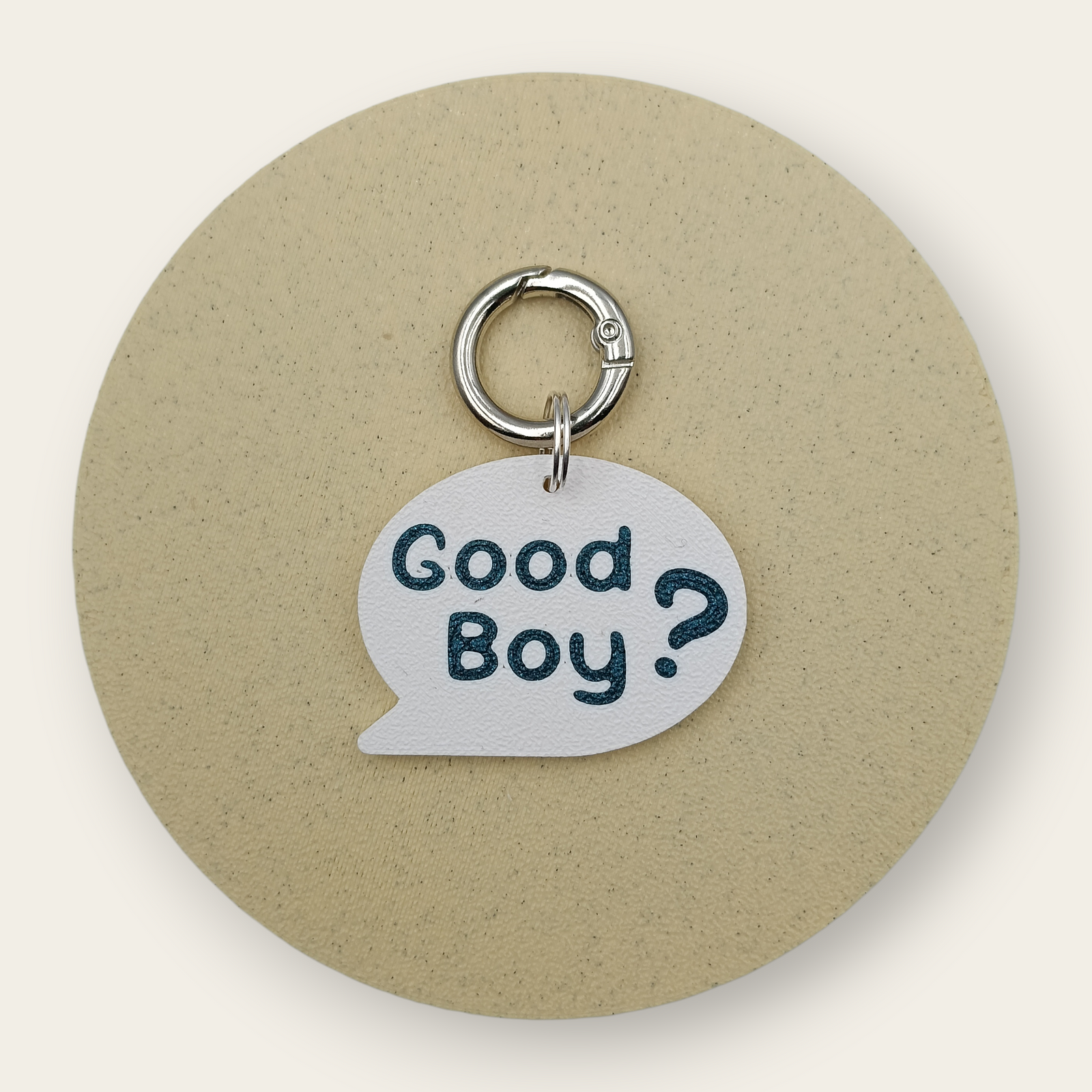 Medalion balon de dialog cu mesajul Good Boy?, alb cu navy, printat 3D din PLA - Ubba.