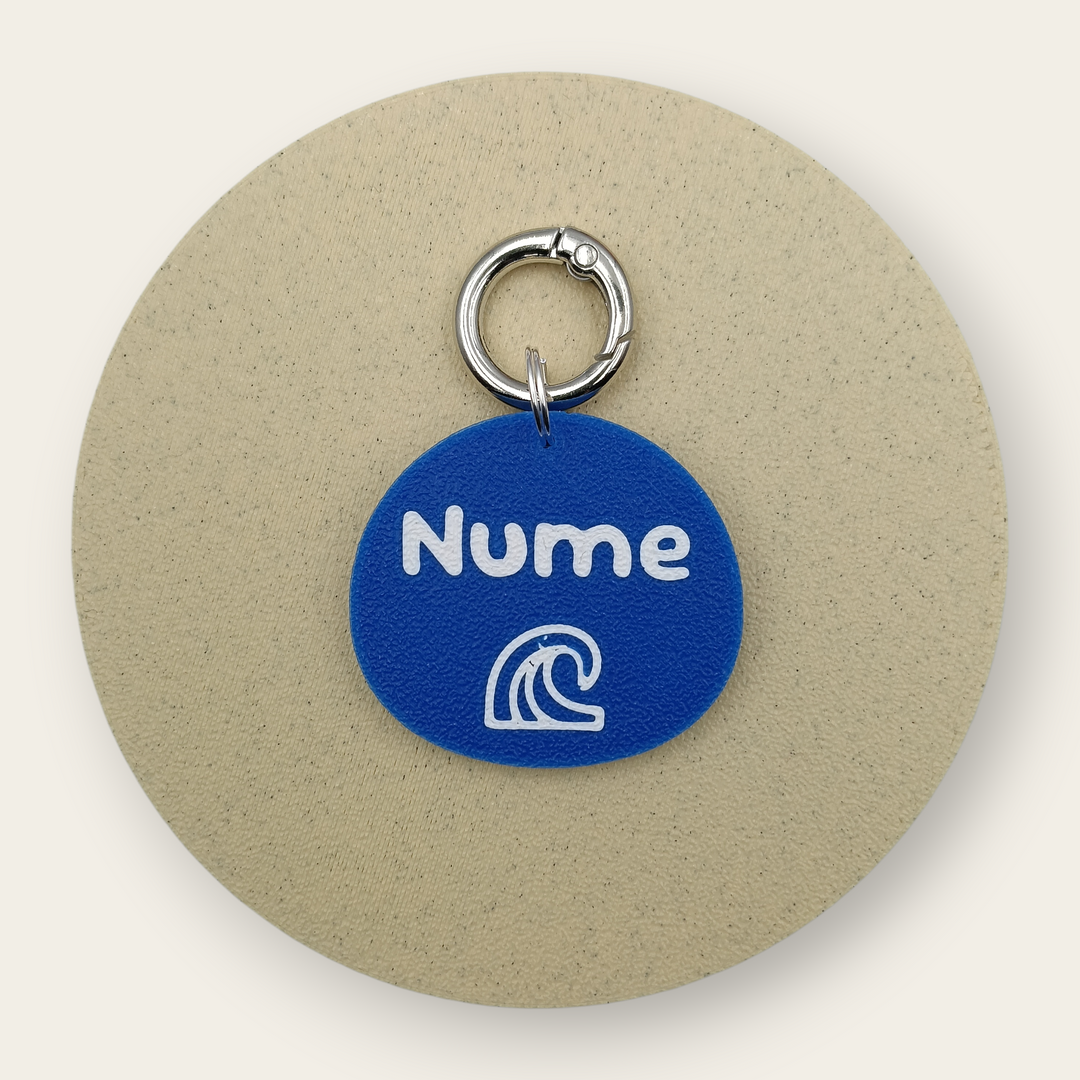 Medalion personalizat pentru câini, simbol val, albastru cu alb, printat 3D din PLA - Ubba.